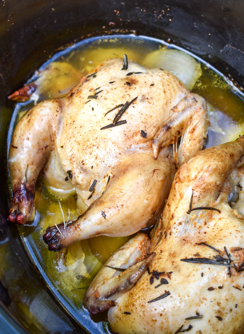 cornish game hens with herbs, onions, and broth in the black bowl of a slow cooker