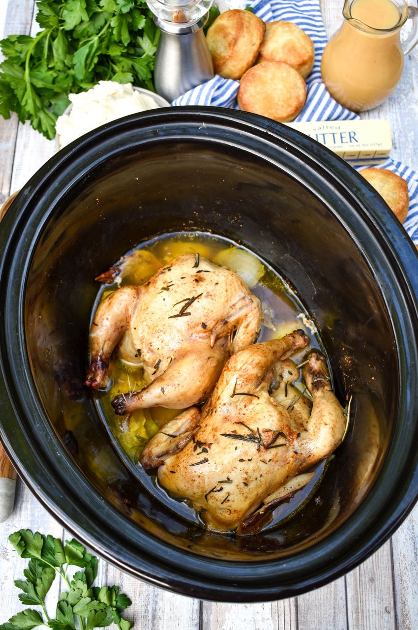 cornish game hens with herbs, onions, and broth in the black bowl of a slow cooker