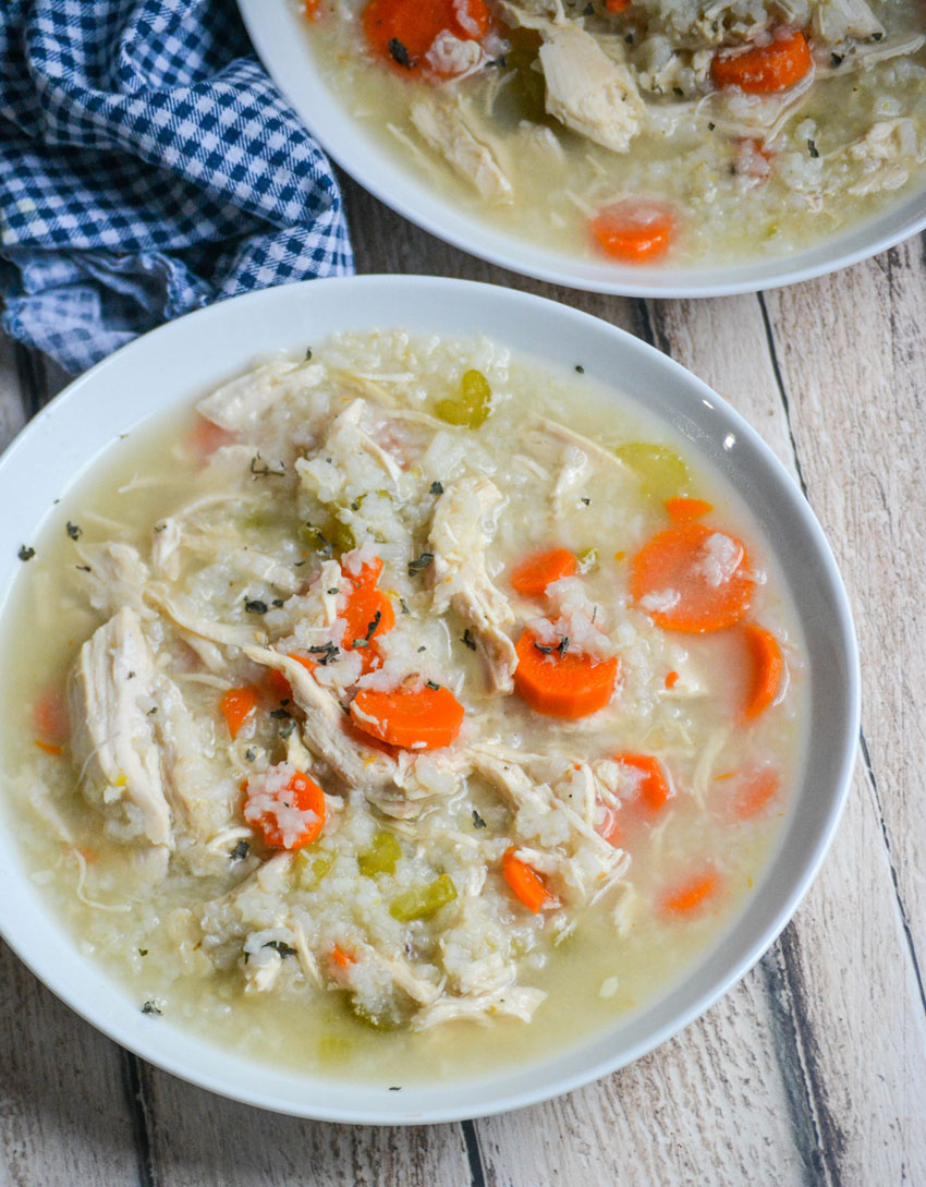 instant pot chicken rice soup in a white bowl