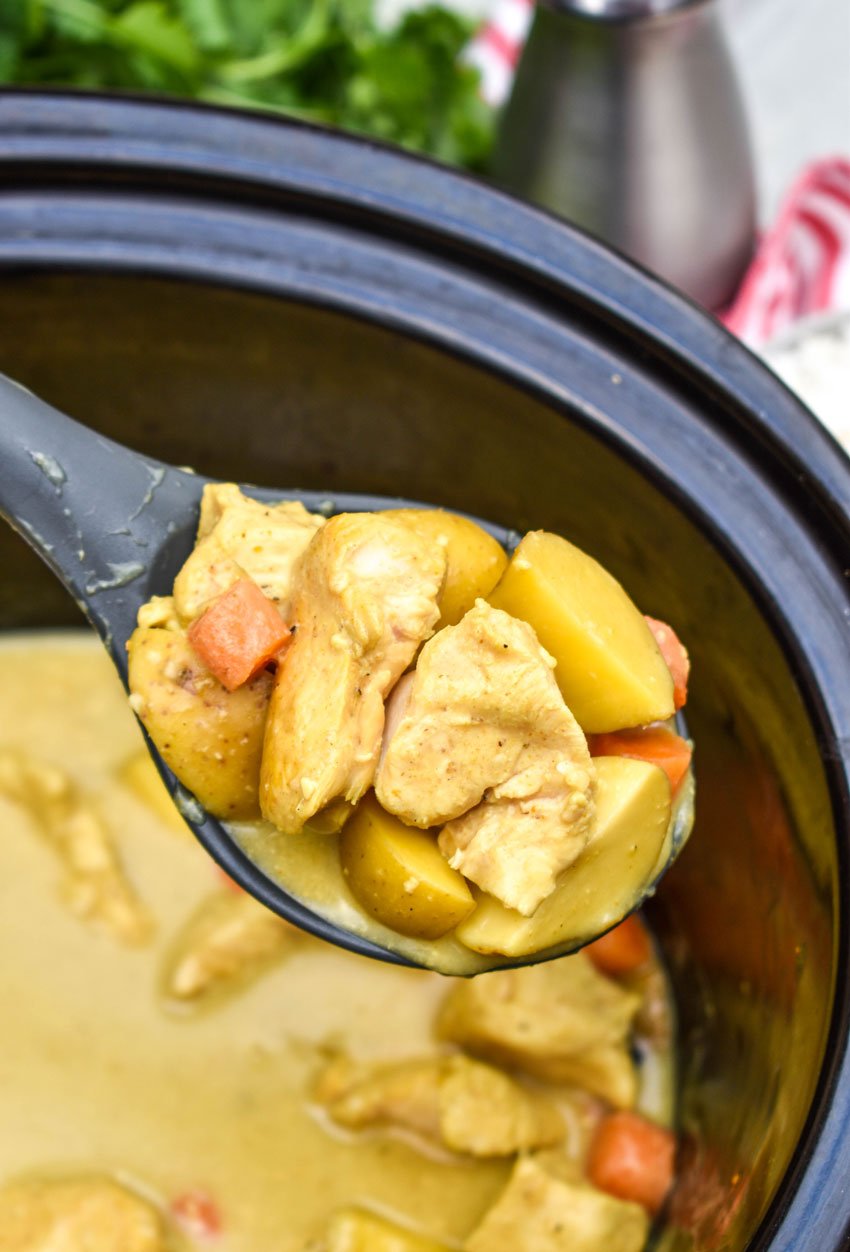 a black spoon holding a scoop of slow cooker chicken curry above a black crockpot