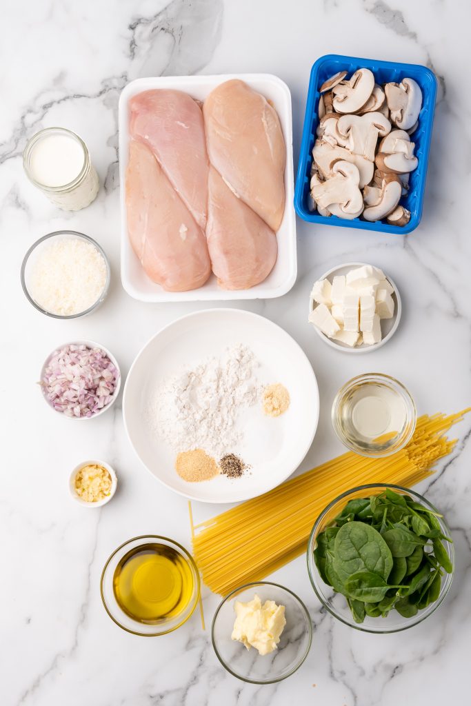 an overhead image showing the measured ingredients needed to make a batch of champagne chicken