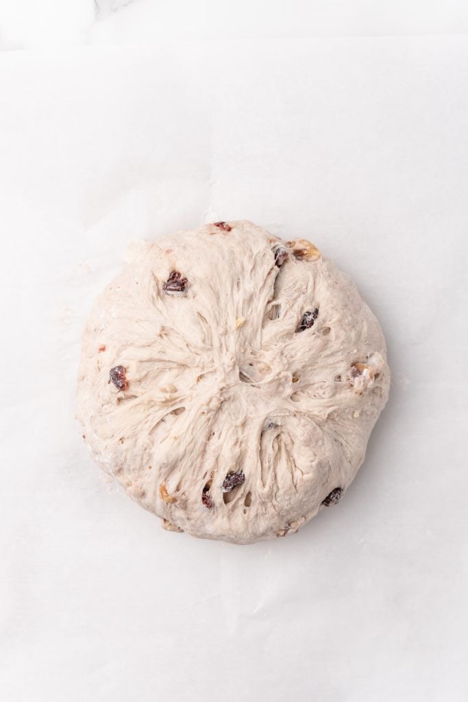 risen cranberry walnut bread dough on white parchment paper