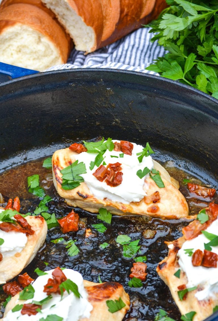 pieces of copycat carrabba's chicken bryan in a Dutch oven