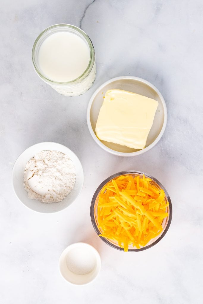 an overhead image showing the measured ingredients needed to make a batch of homemade condensed cheddar cheese soup