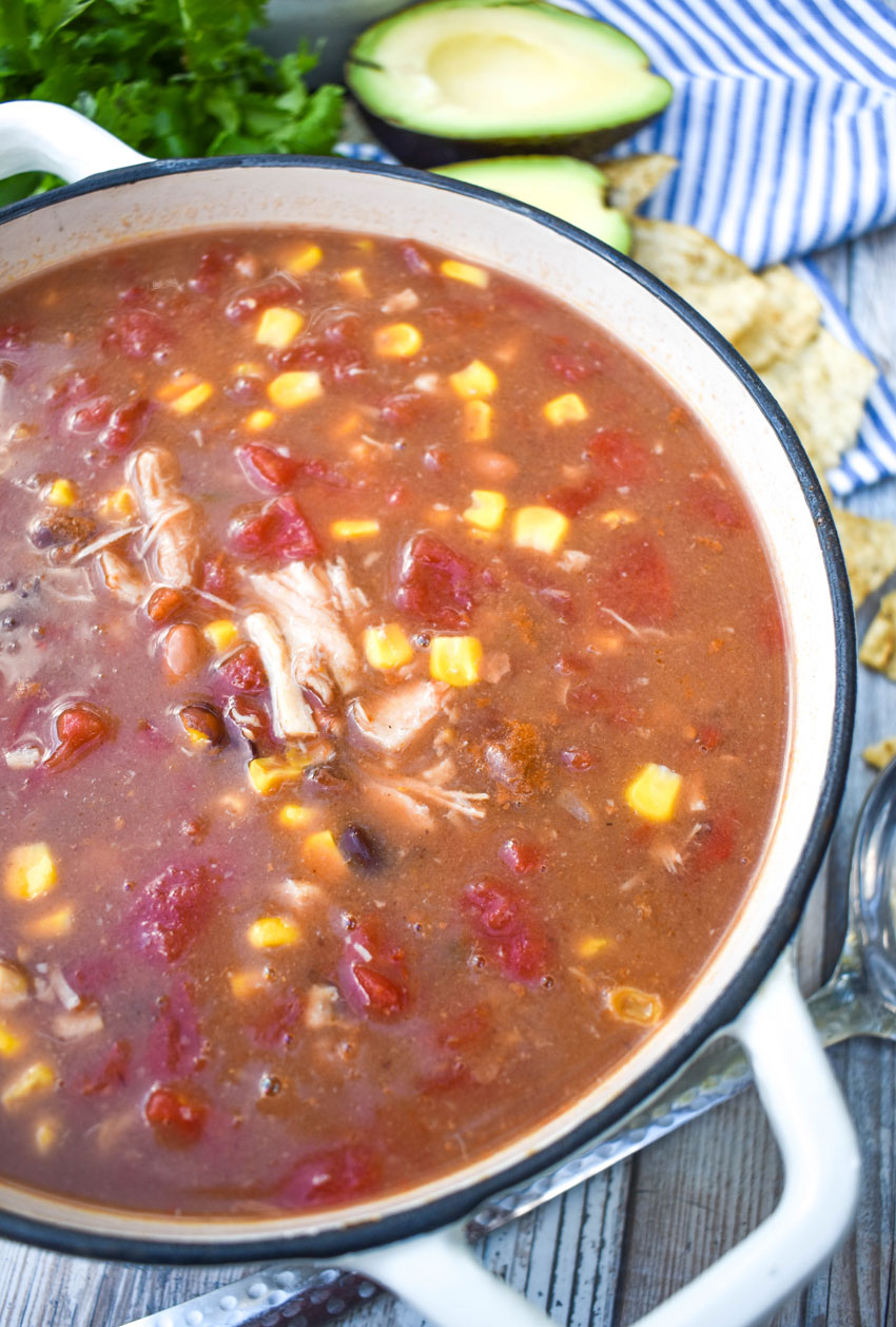 10 can taco soup in a white dutch oven