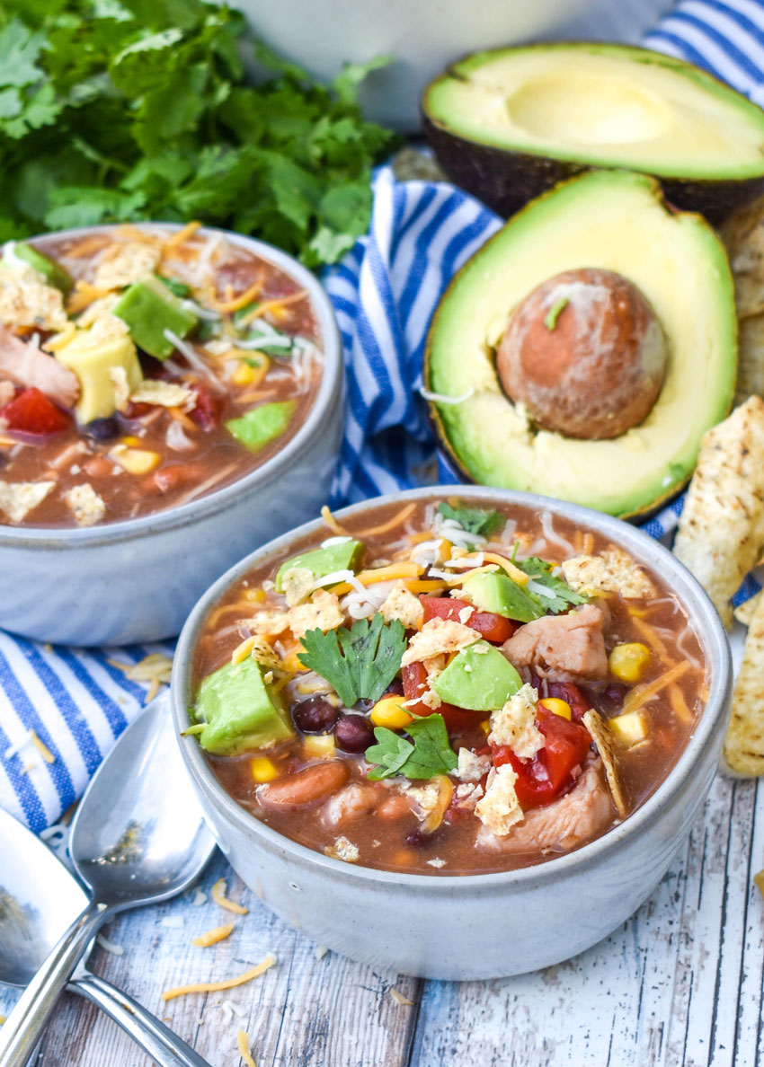easy taco soup in two gray bowls
