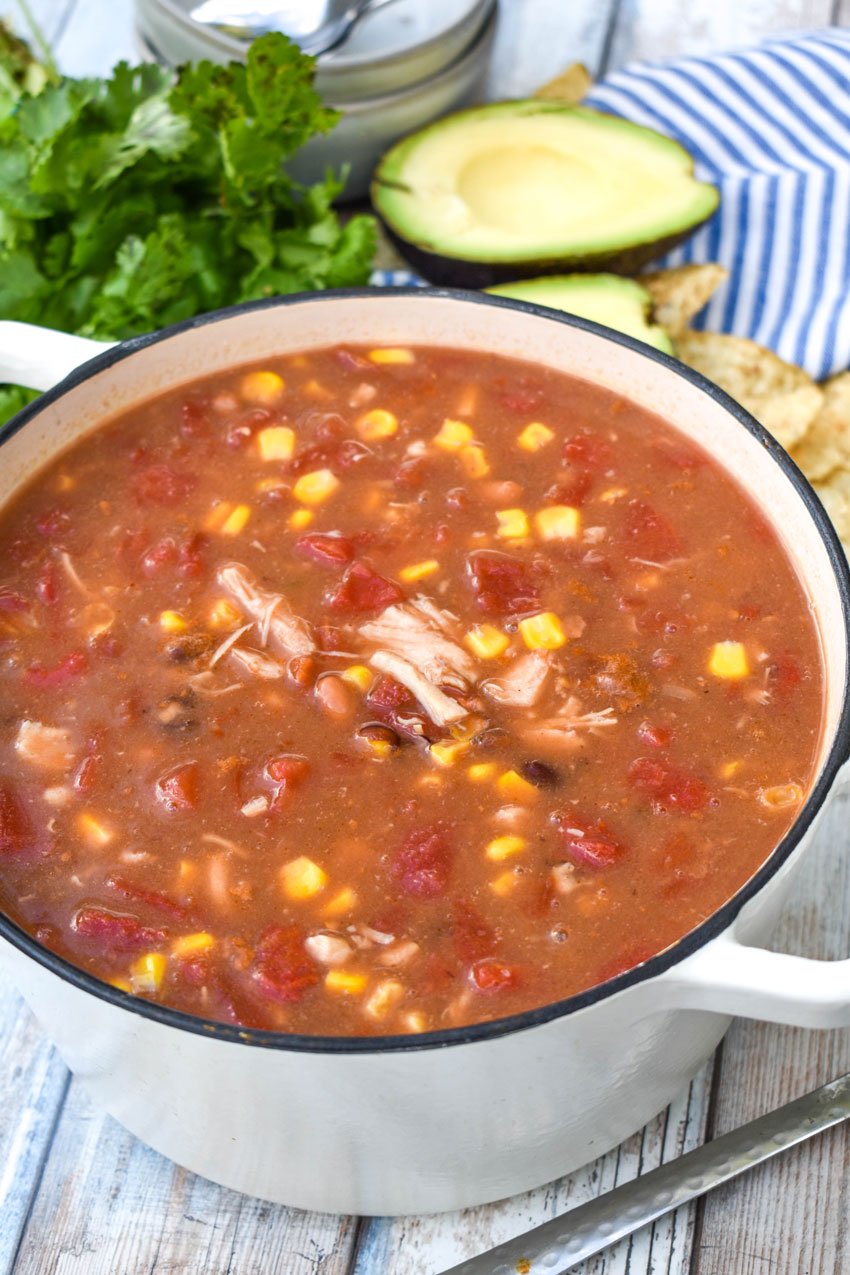 10 can taco soup in a white dutch oven