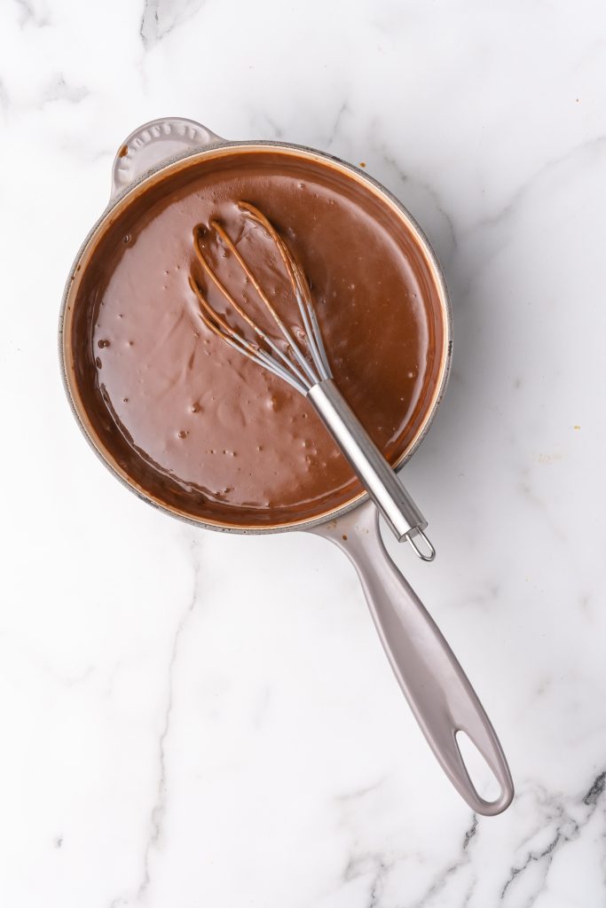 old fashioned chocolate gravy in a gray sauce pan