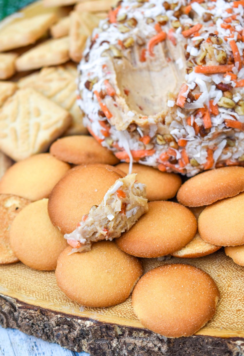 a nilla wafer cookie topped with a scoop of carrot cake cheese ball recipe