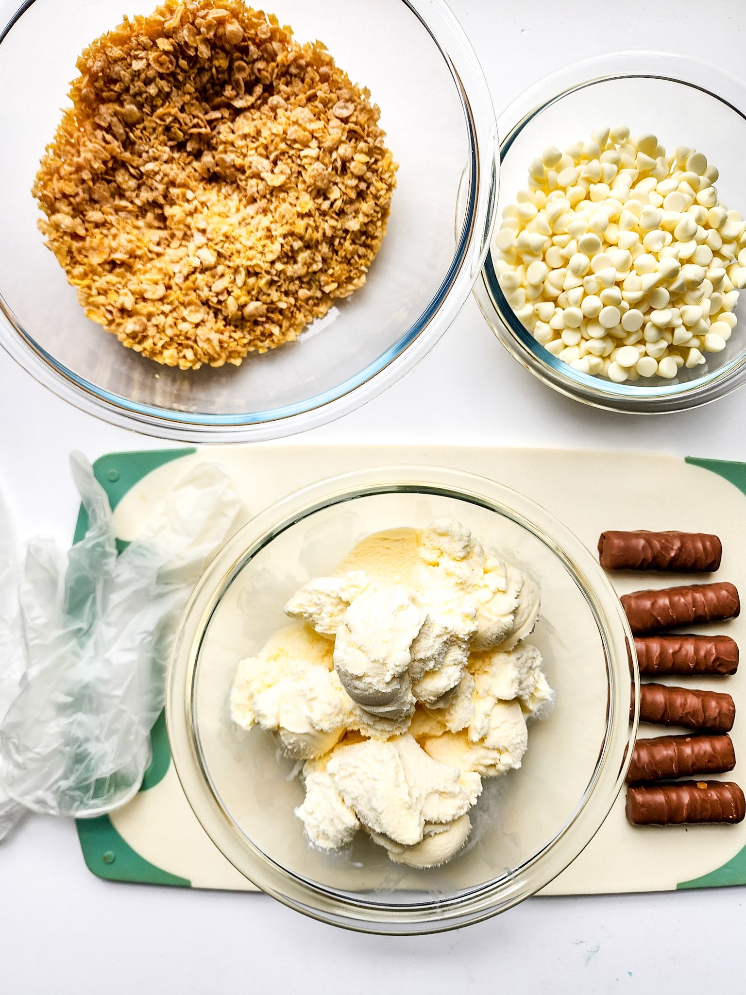 an overhead image showing the measured ingredients needed to make a batch of fried chicken ice cream