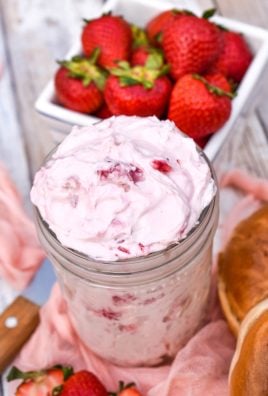 easy strawberry cream cheese in a glass mason jar