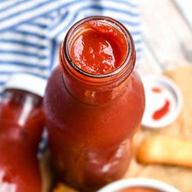 easy homemade ketchup in a glass bottle