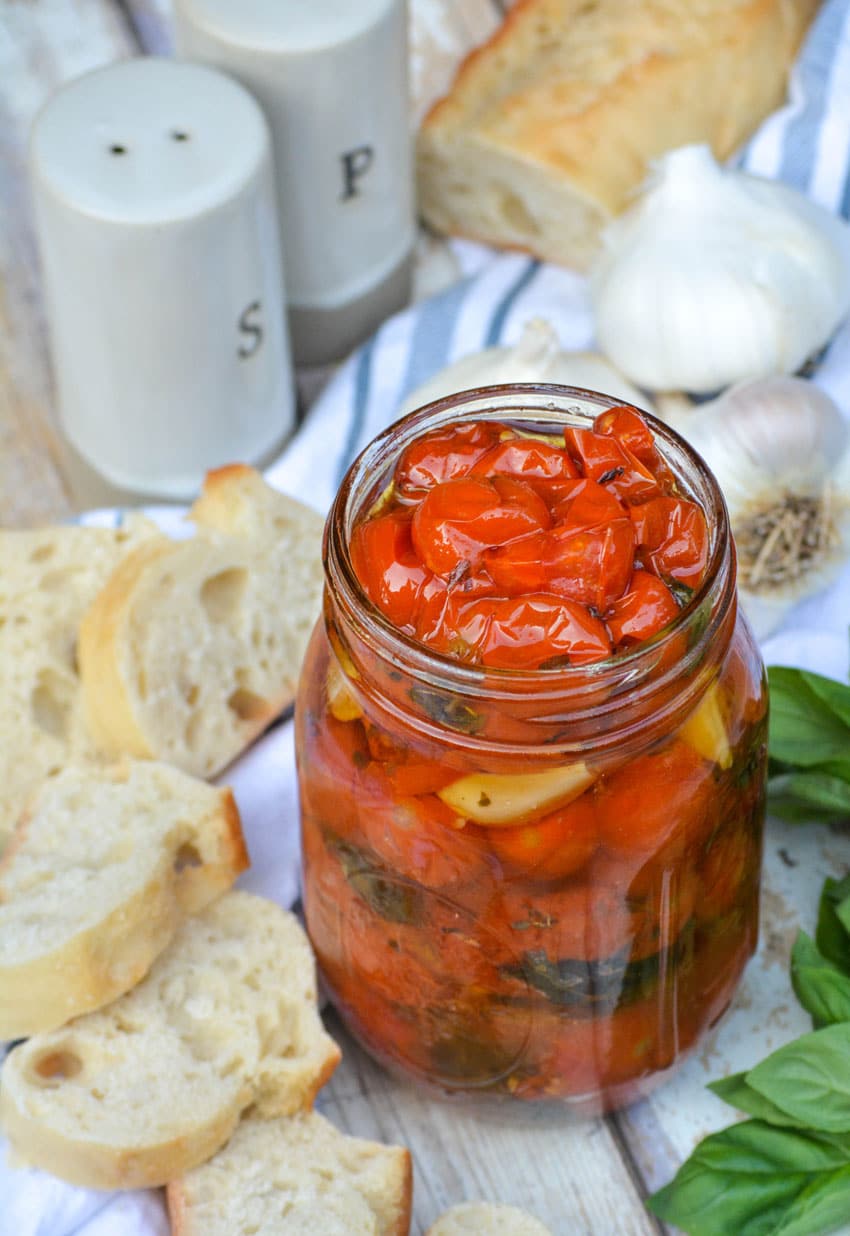 quick tomato confit recipe in a glass mason jar