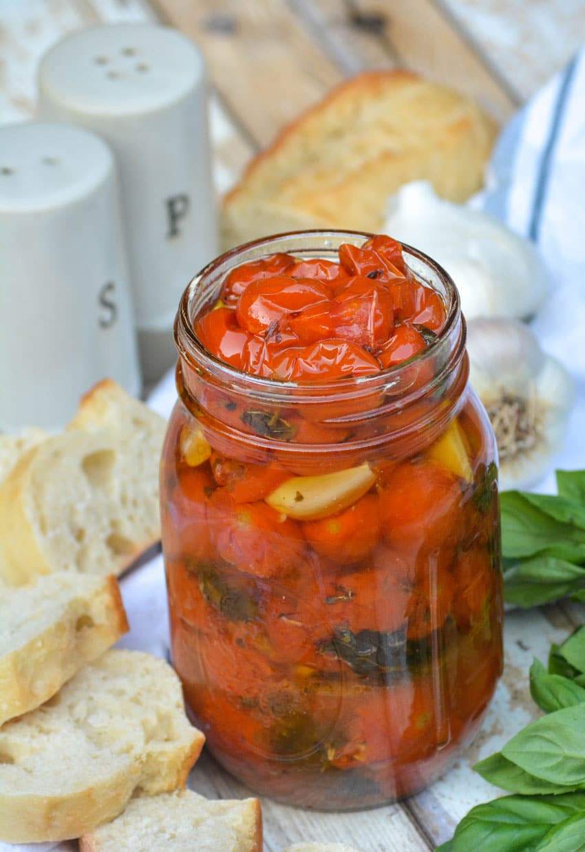 cherry tomato confit in a glass mason jar