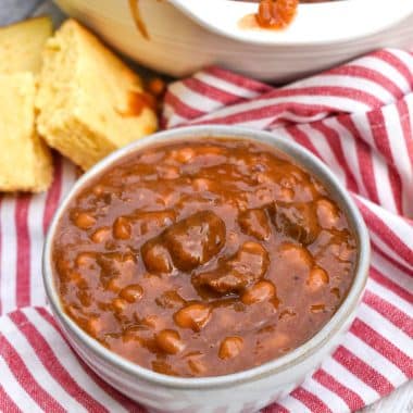 baked beans with brisket in a small gray bowl