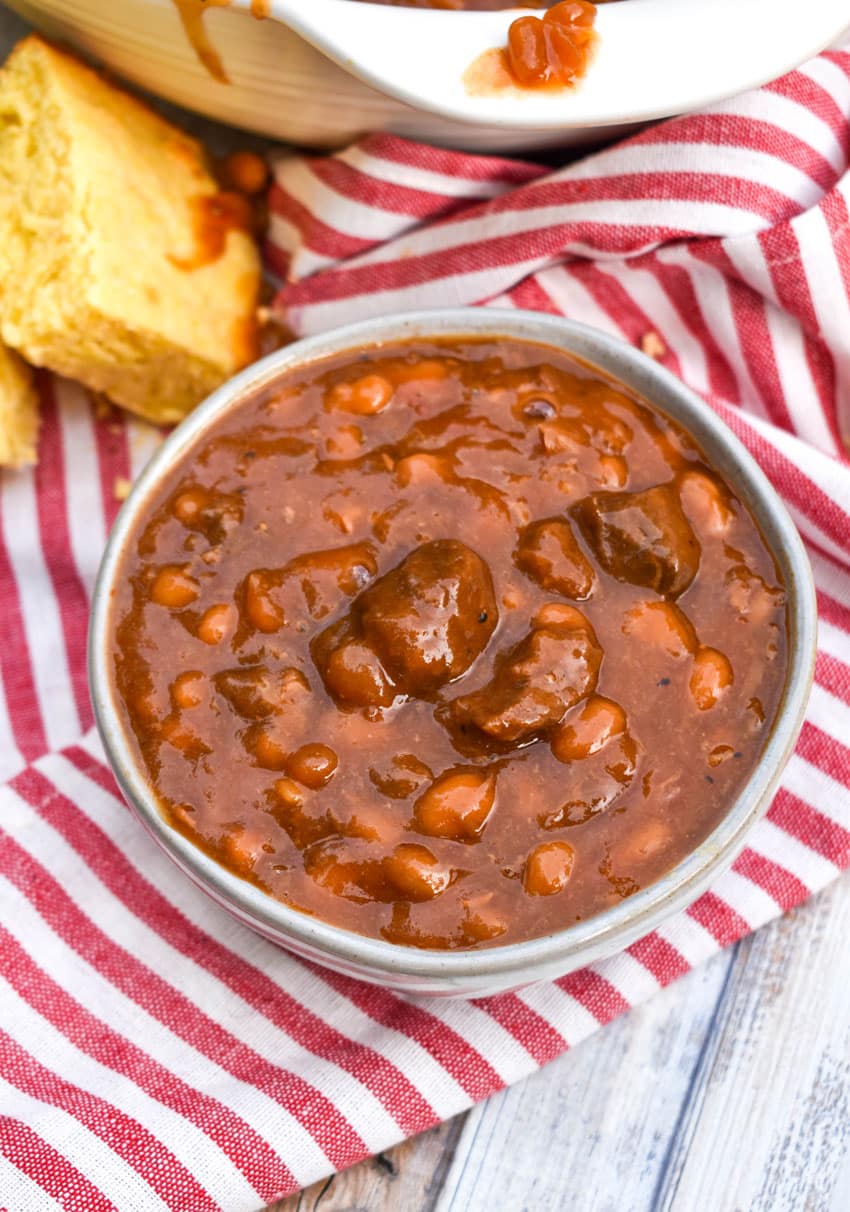 baked beans with brisket in a small gray bowl