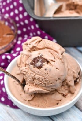 scoops of no churn nutella ice cream in a small white bowl