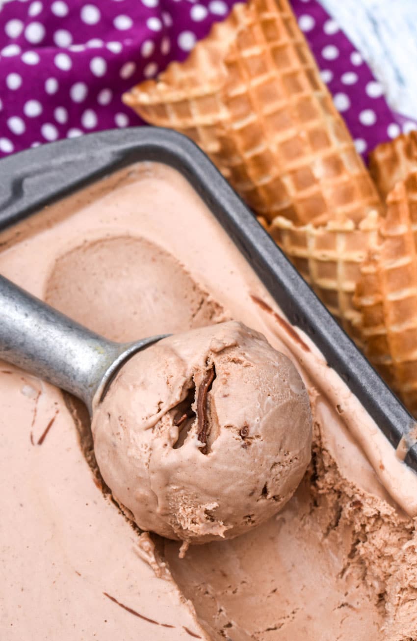 a scoop of creamy nutella ice cream resting on an ice cream scoop in a metal loaf pan