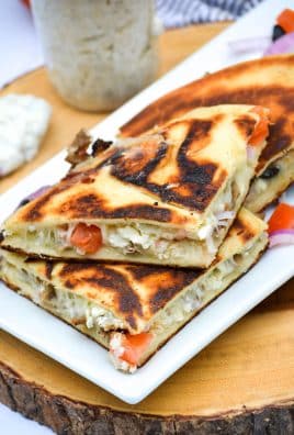 greek gyro quesadillas on a white platter