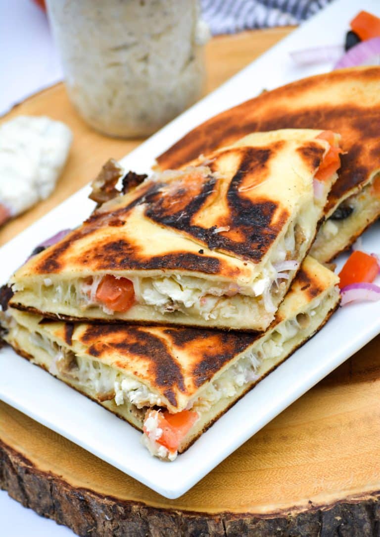 greek gyro quesadillas on a white platter