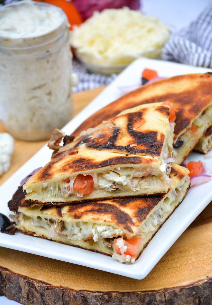 greek gyro quesadillas on a white platter
