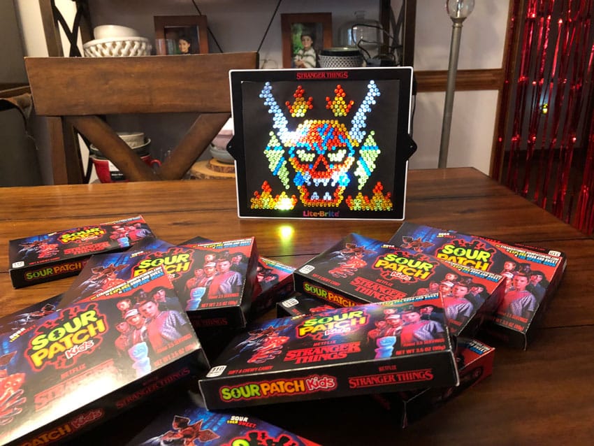 stranger things themed lite brite toy on a kitchen table