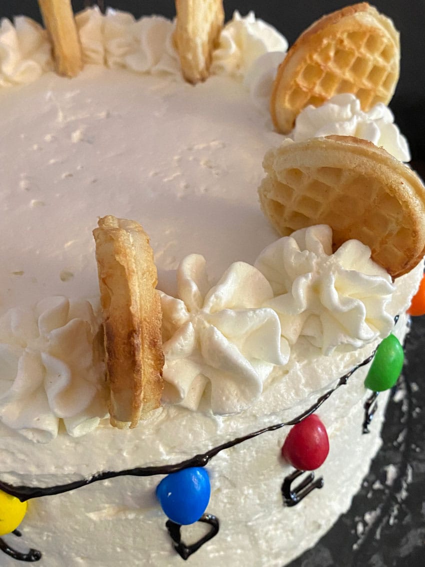 homemade stranger things birthday cake topped with mini eggo waffles