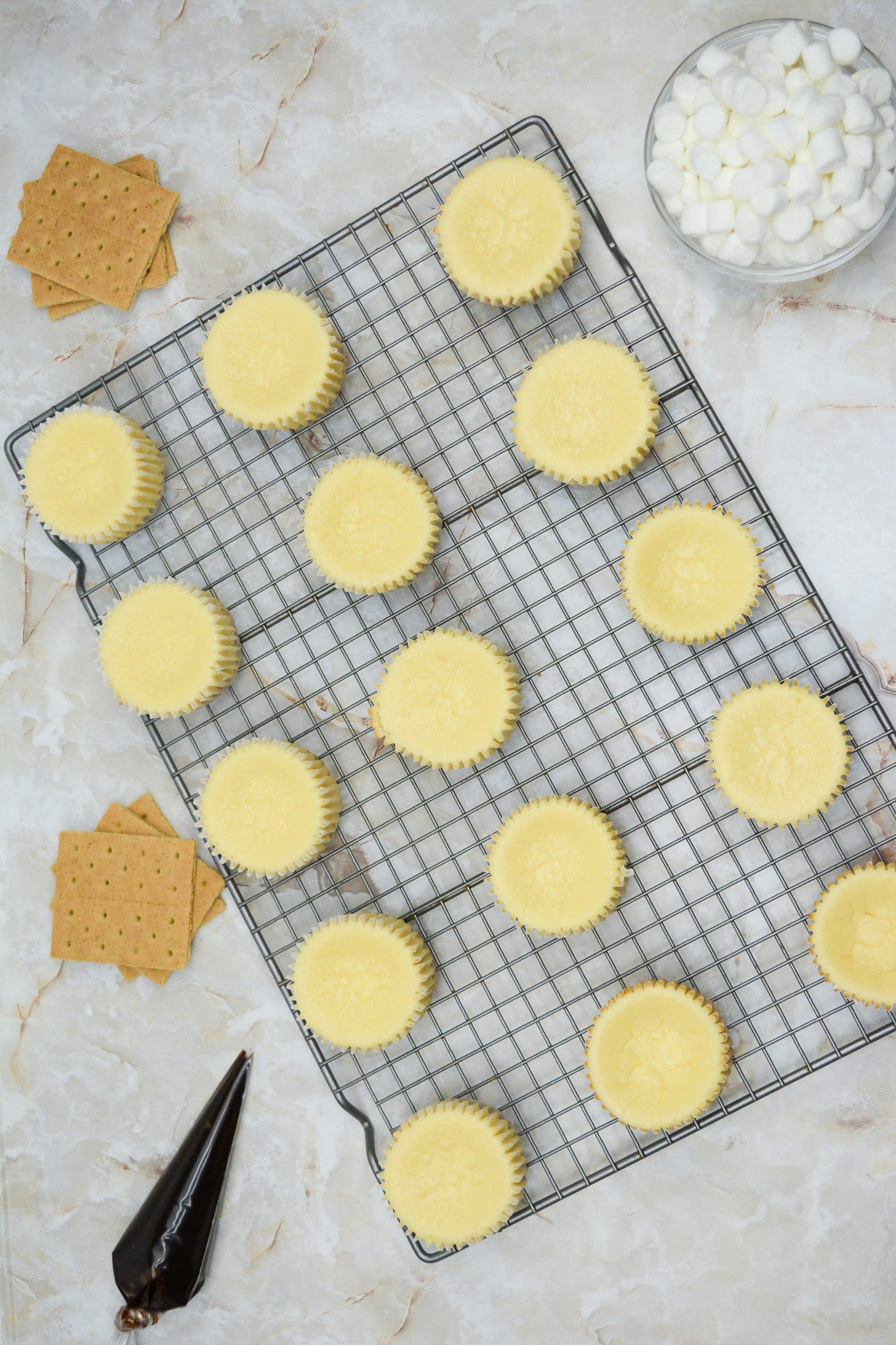 baked mini cheesecakes on a wire cooling rack