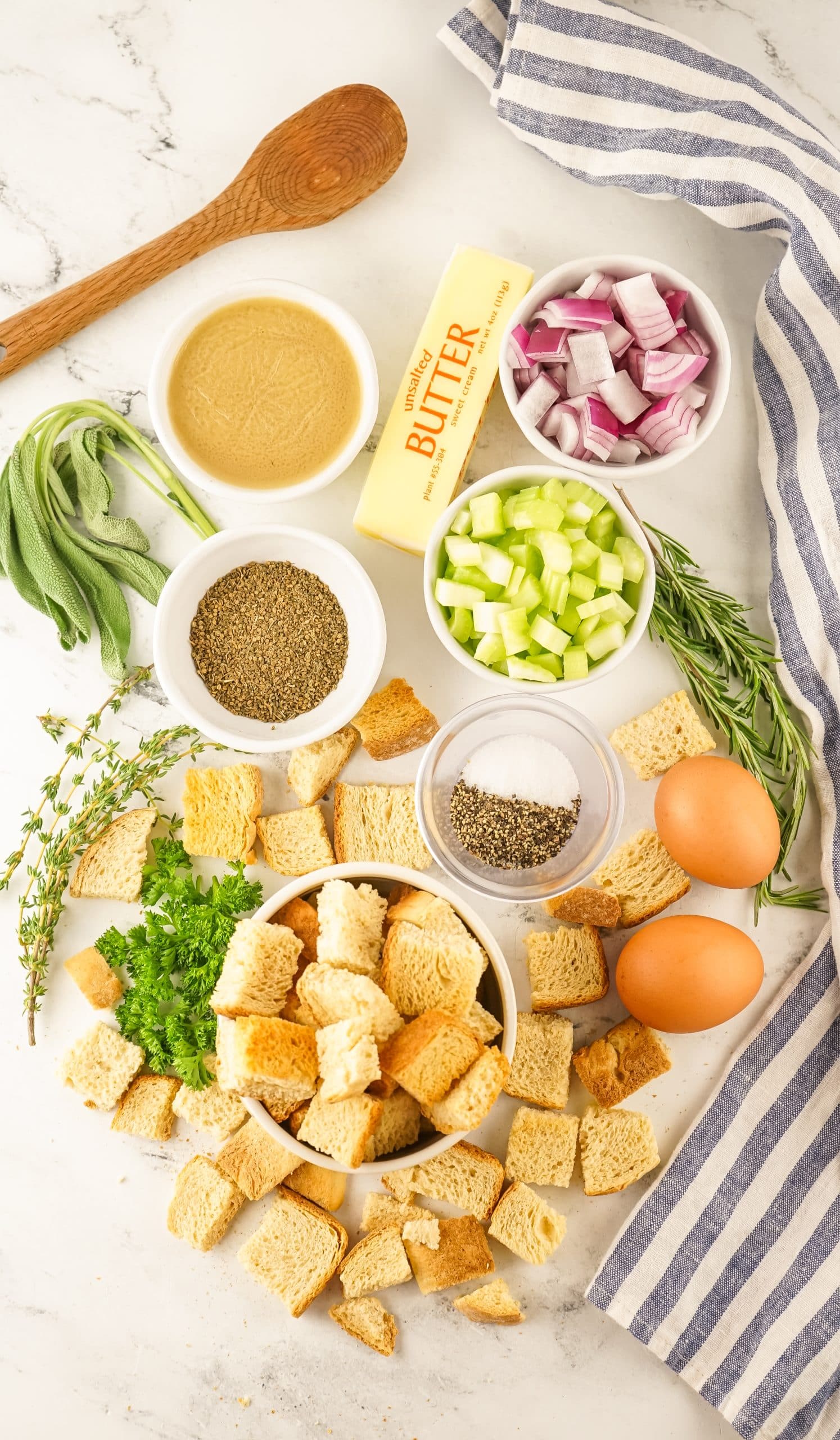 an overhead image showing the measured ingredients needed to make a smoked stuffing recipe