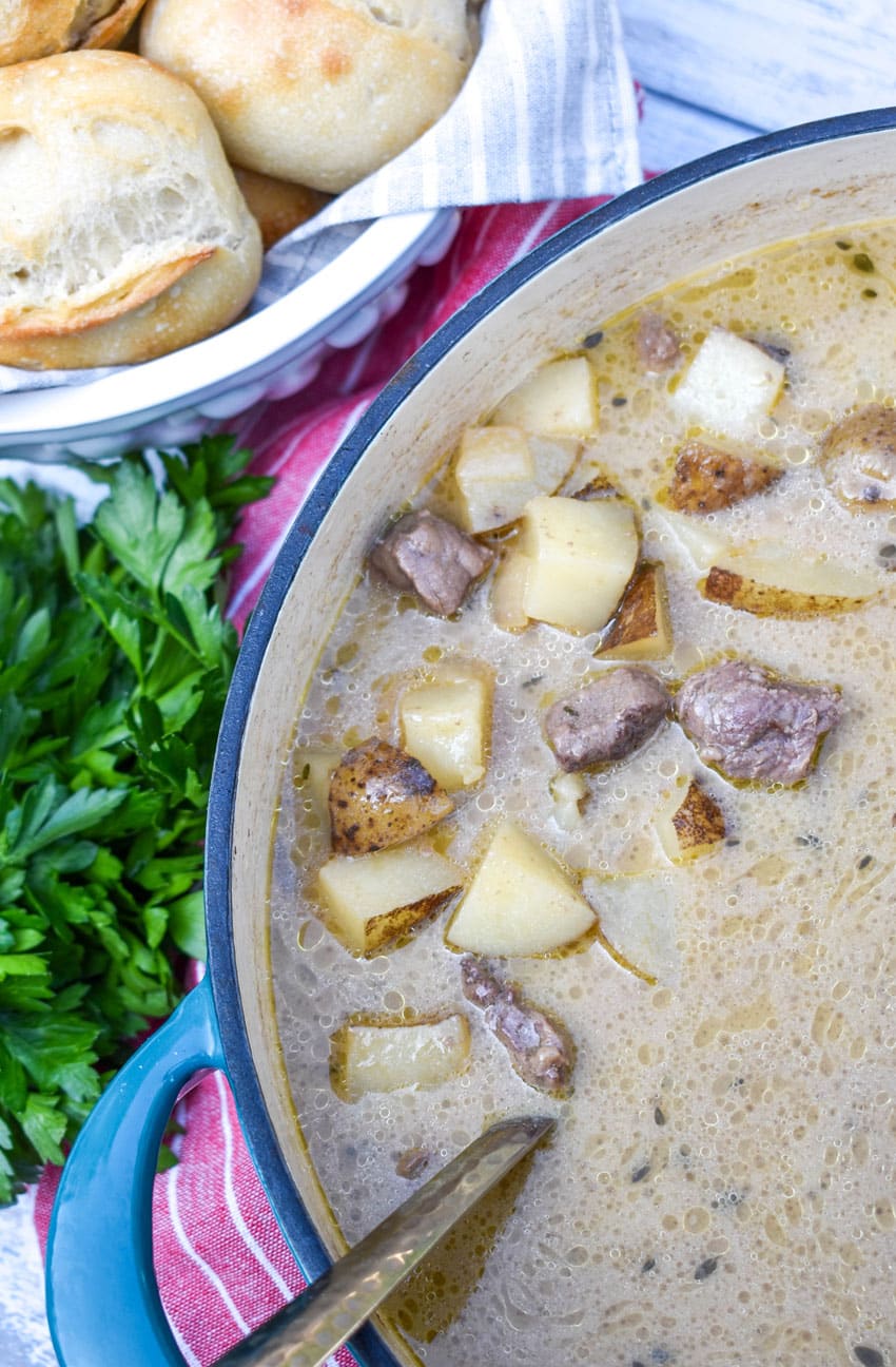 creamy steak and potato soup in a large dutch oven