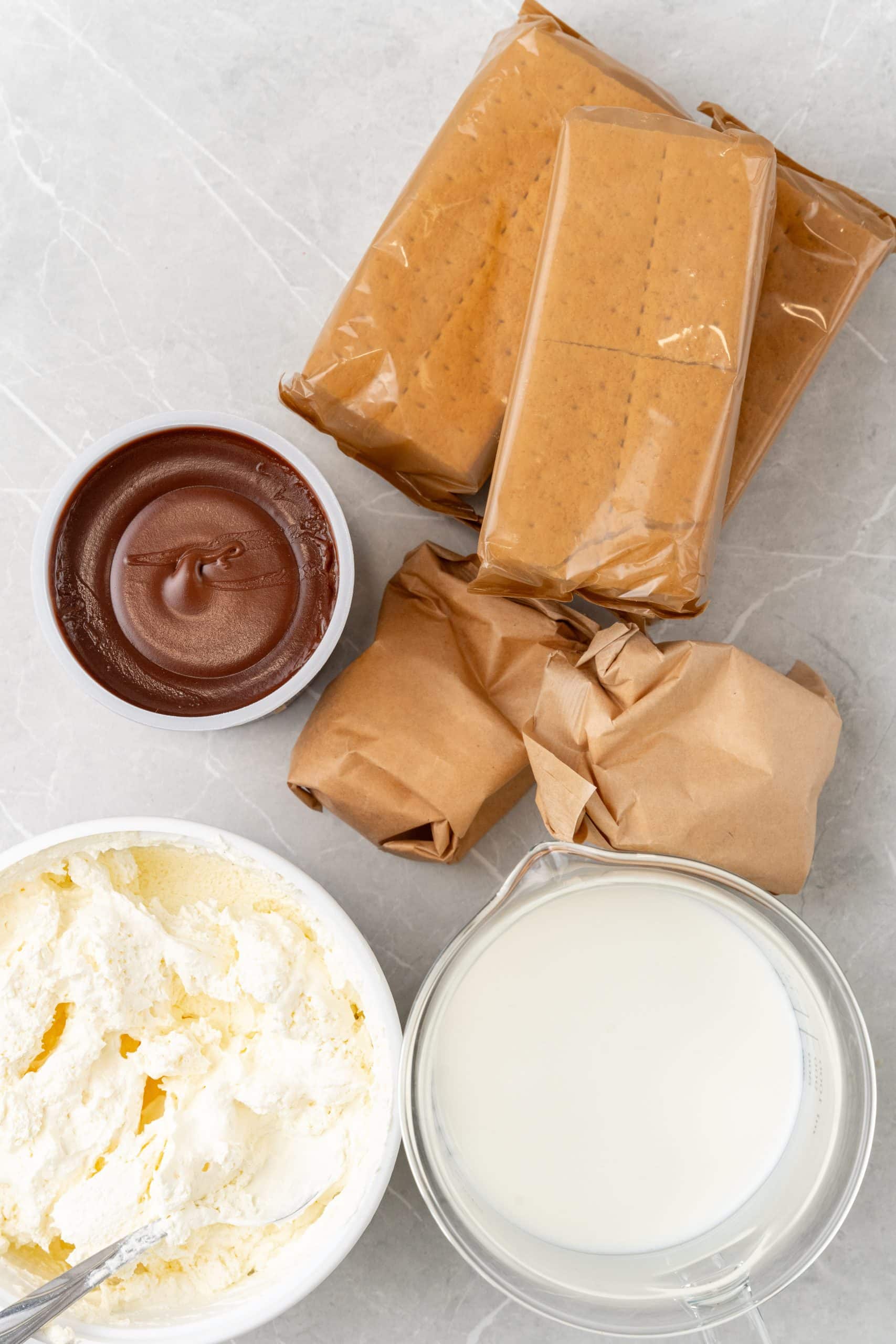 an overhead image showing the measured ingredients need to make an easy pan eclair recipe