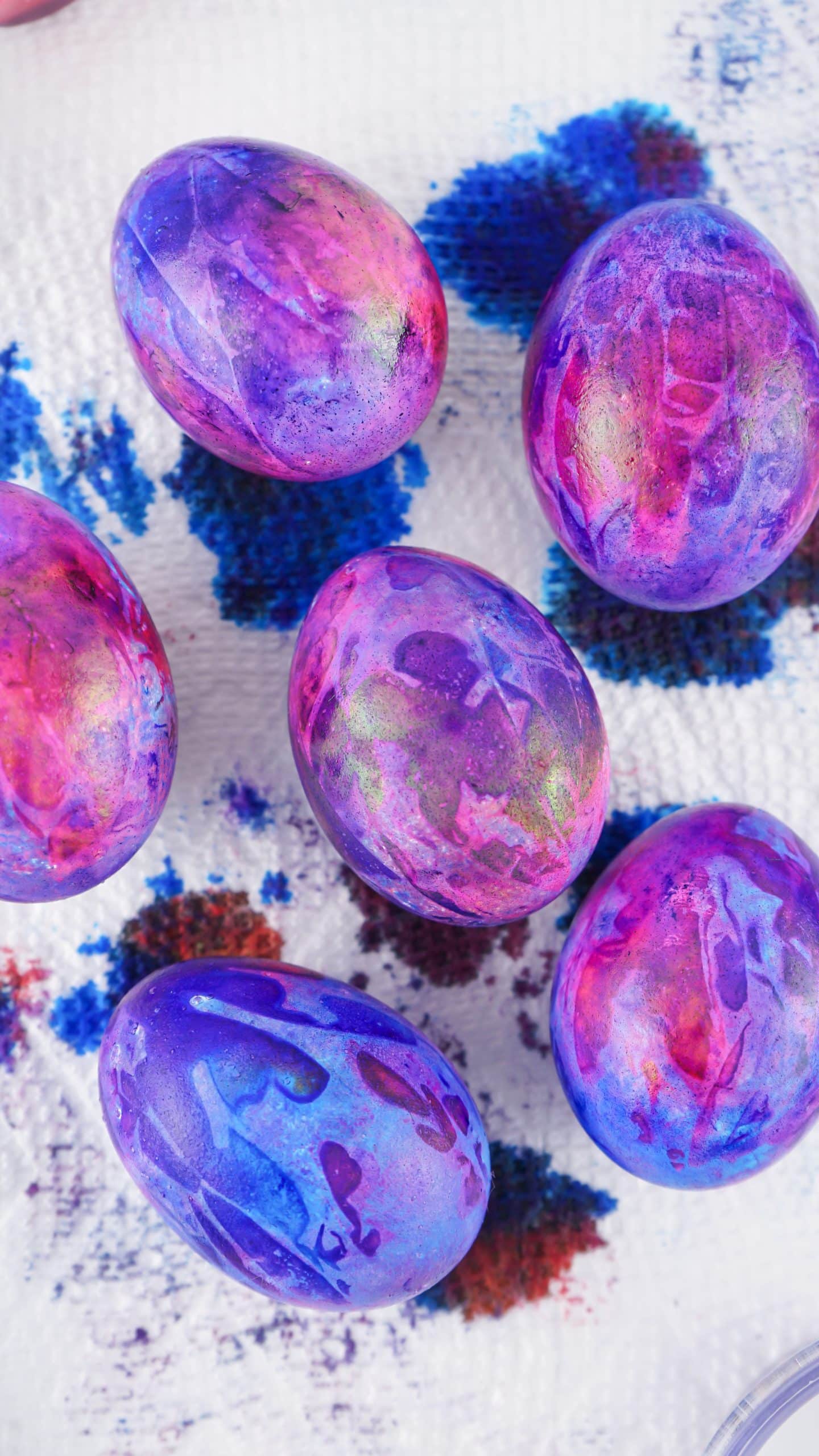 easter dyed galaxy eggs drying on a paper towel