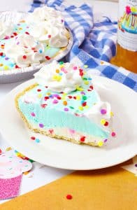 a slice of cake batter pie on a small white dessert plate