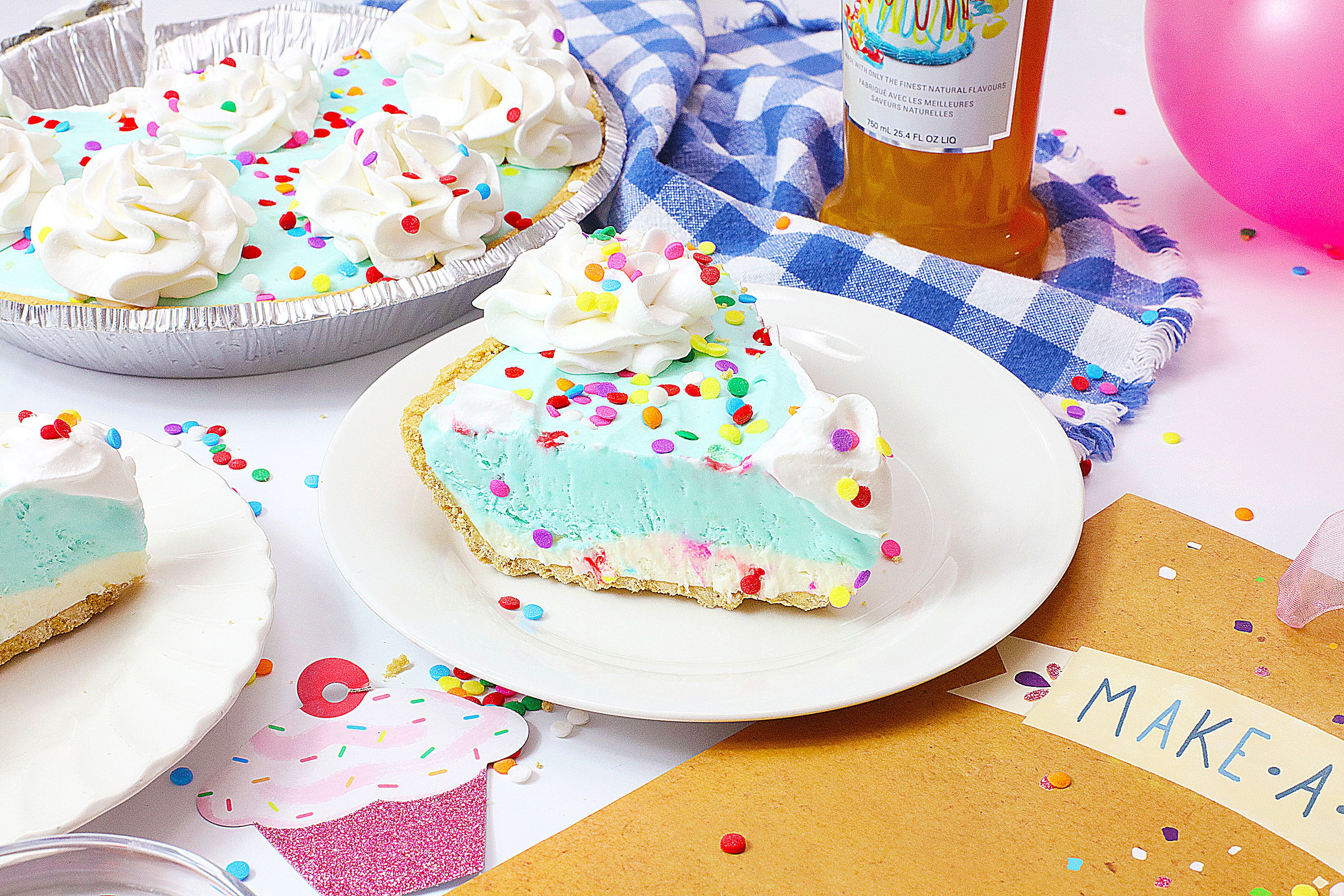 a slice of cake batter pie on a small white dessert plate