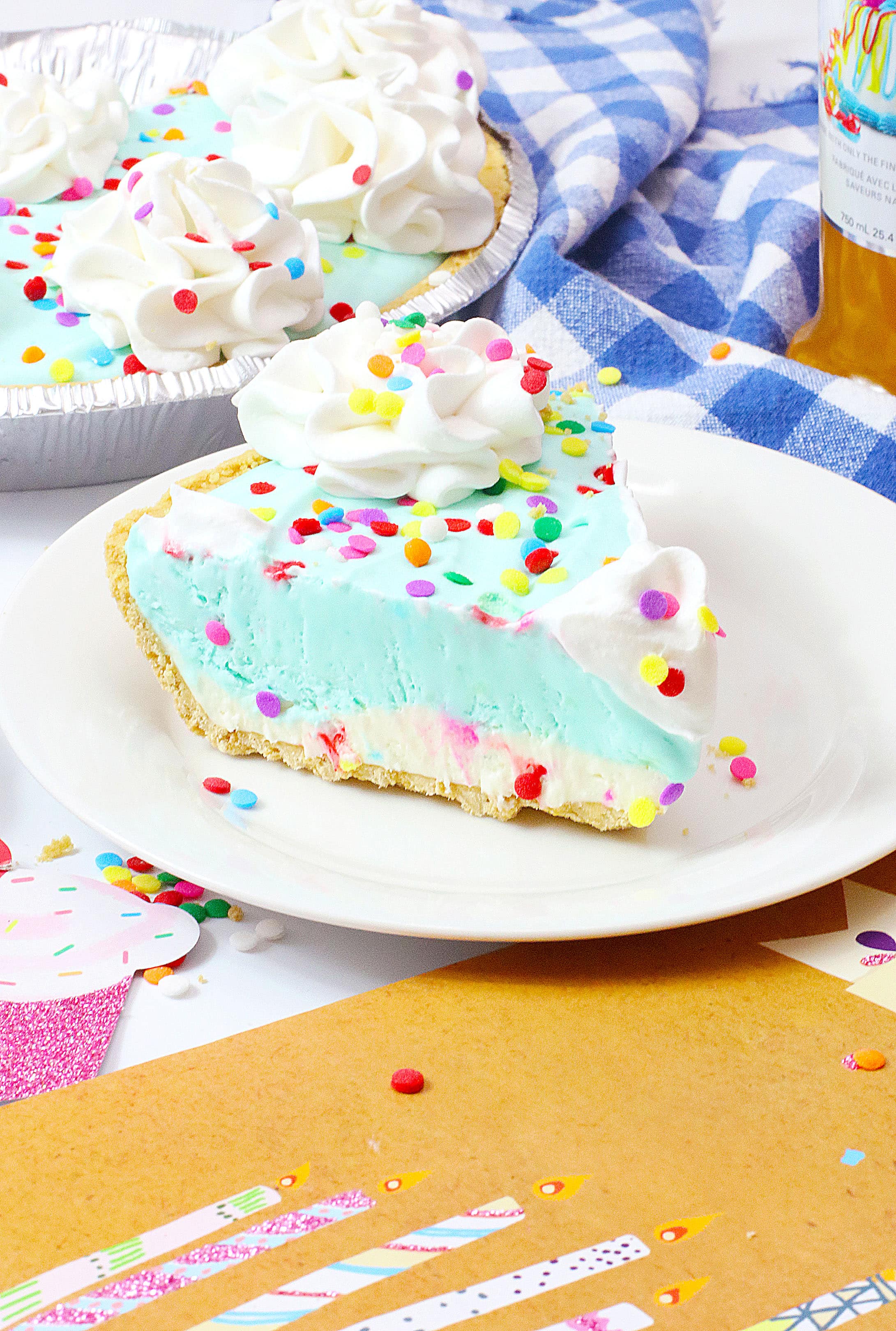 a slice of cake batter pie on a small white dessert plate