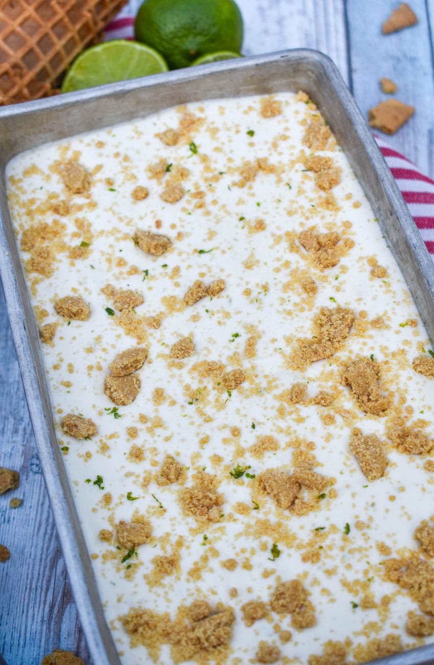 no churn key lime pie ice cream in a metal loaf pan