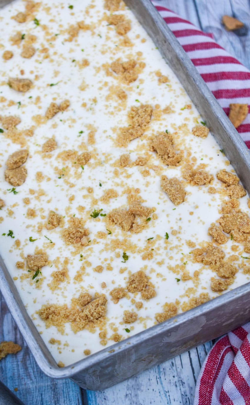 no churn key lime pie ice cream in a metal loaf pan