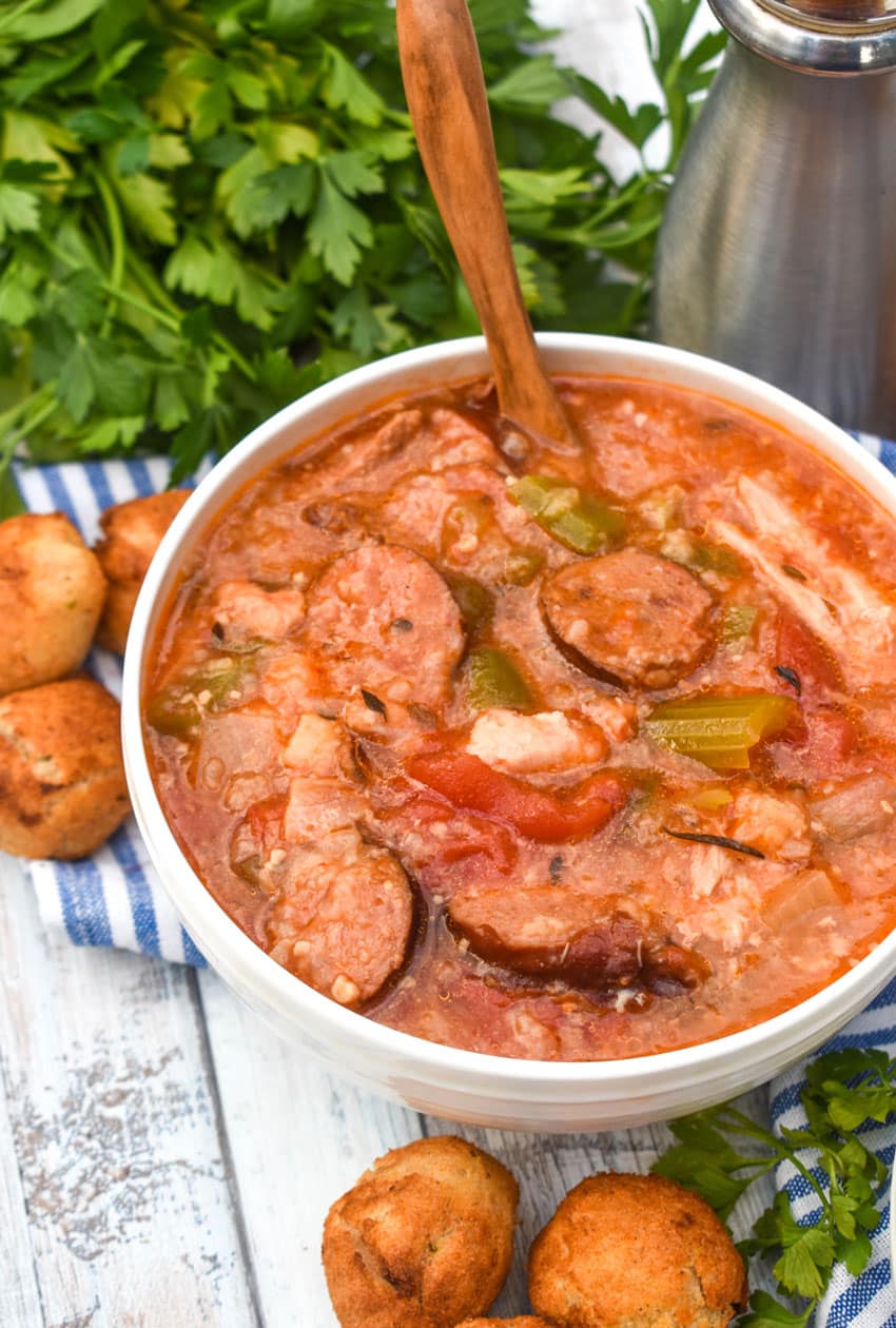 slow cooker chicken gumbo in a white bowl