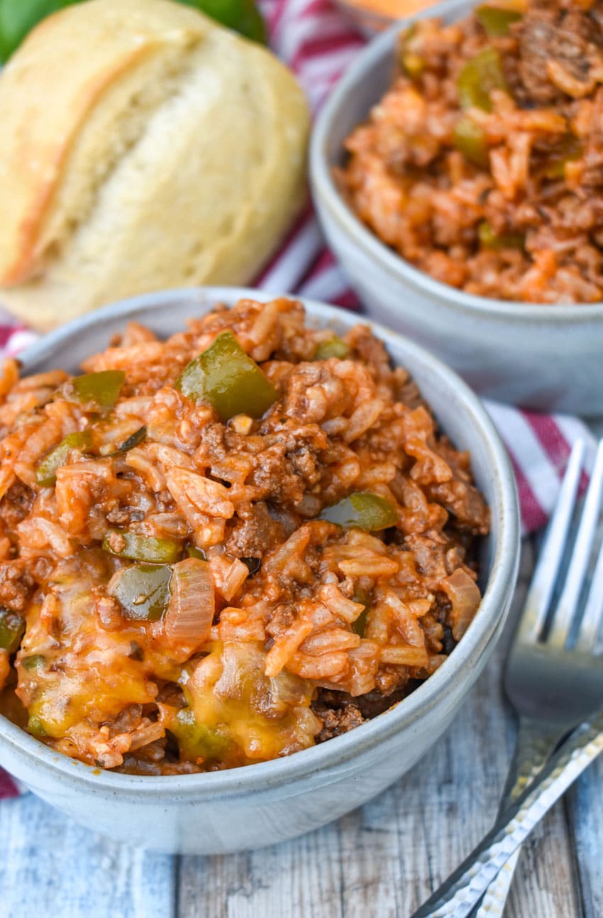 stuffed pepper skillet served in two small gray bowls