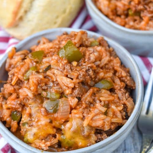 stuffed pepper skillet served in two small gray bowls