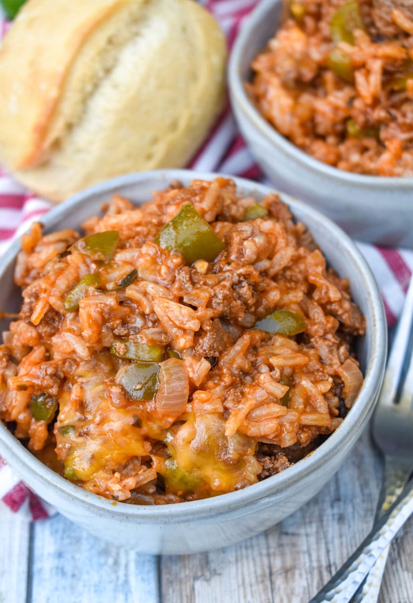 stuffed pepper skillet served in two small gray bowls