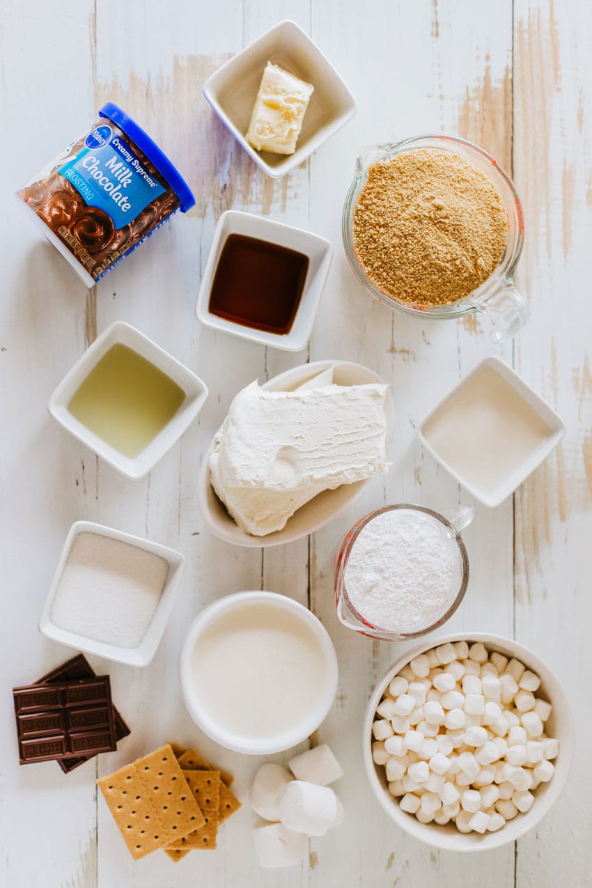 an overhead image showing the measured ingredients needed to make a batch of s'mores trifles