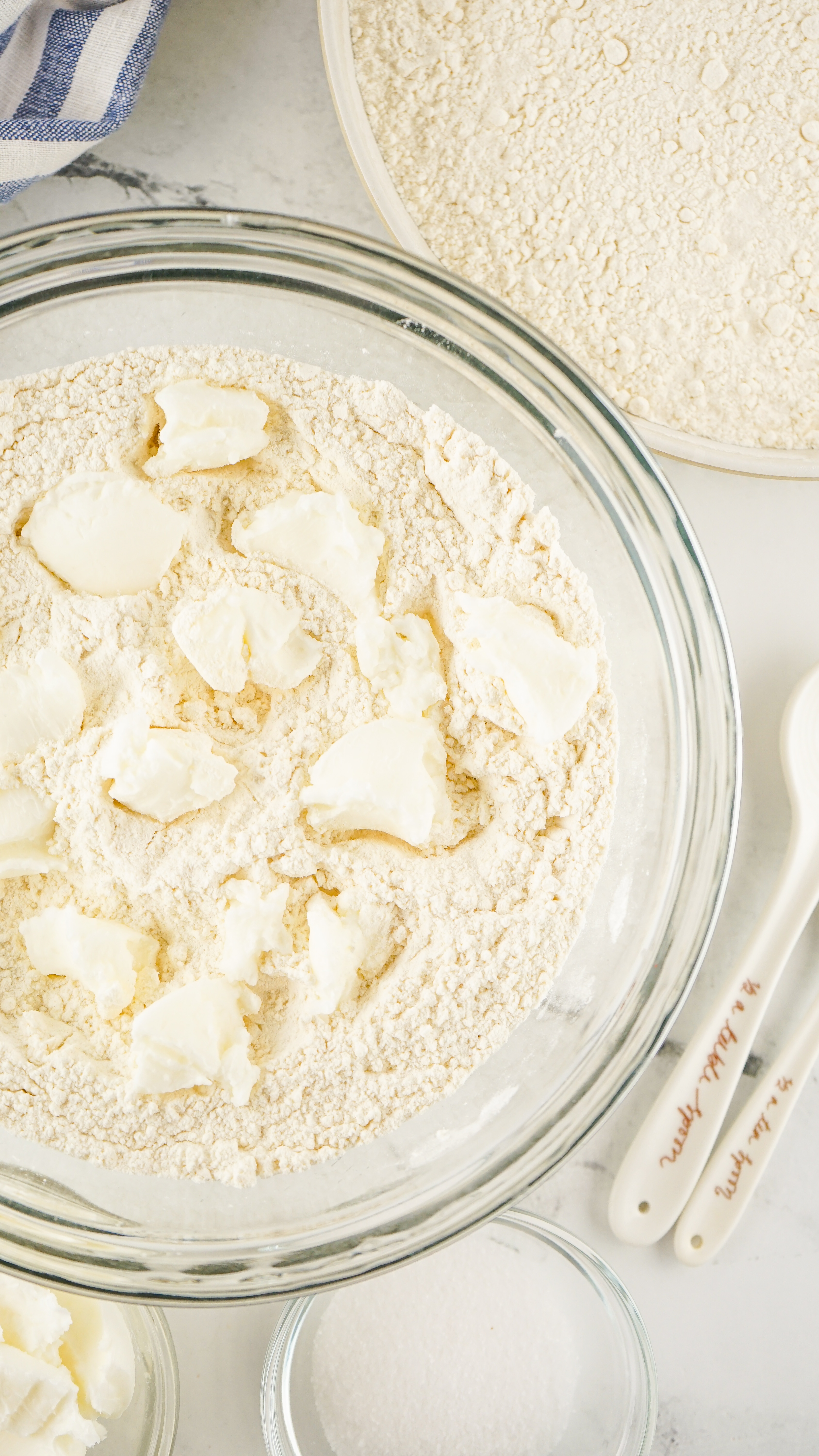 homemade bisquick ingredients in a glass mixing bowl