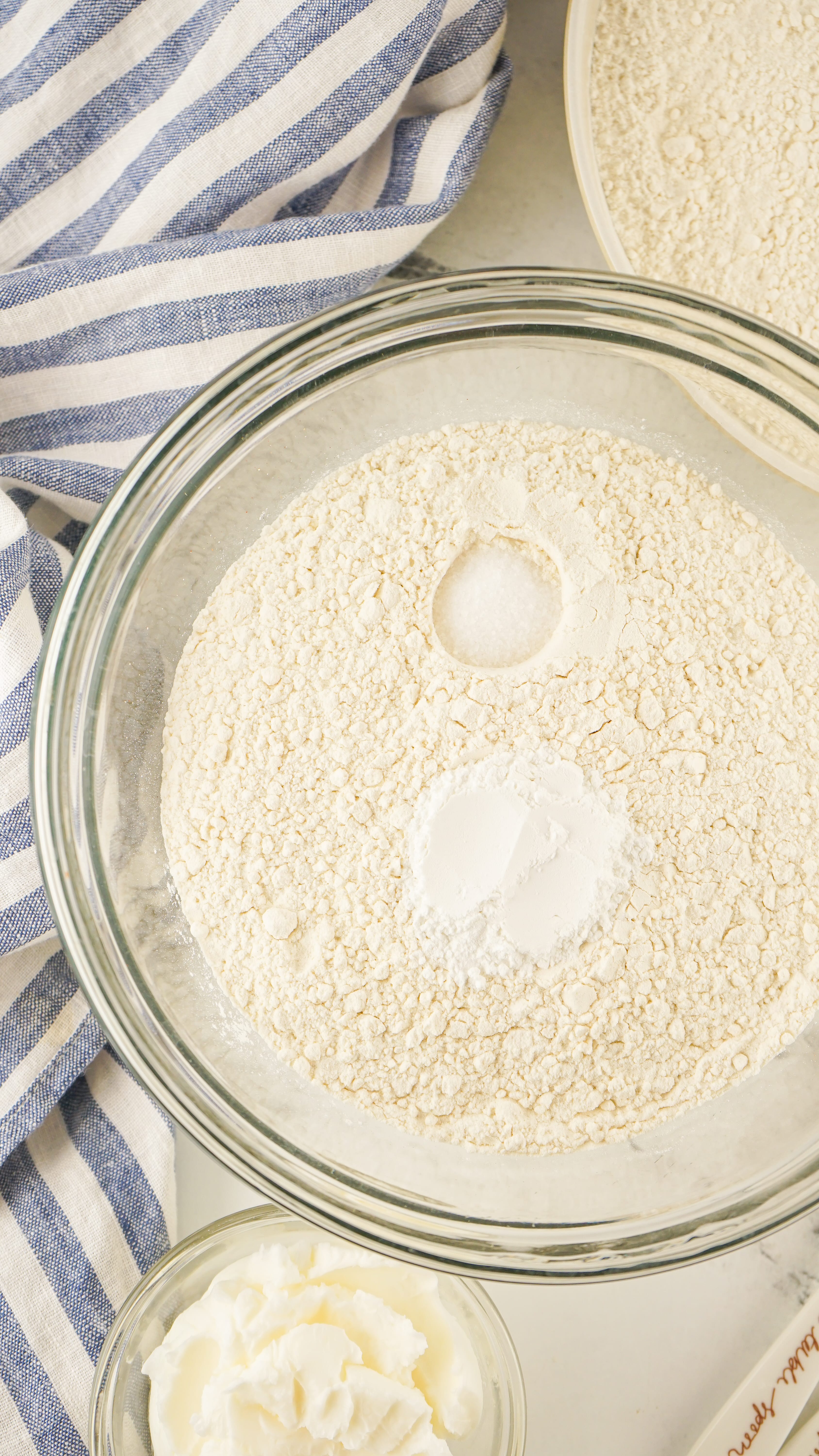 homemade bisquick ingredients in a glass mixing bowl