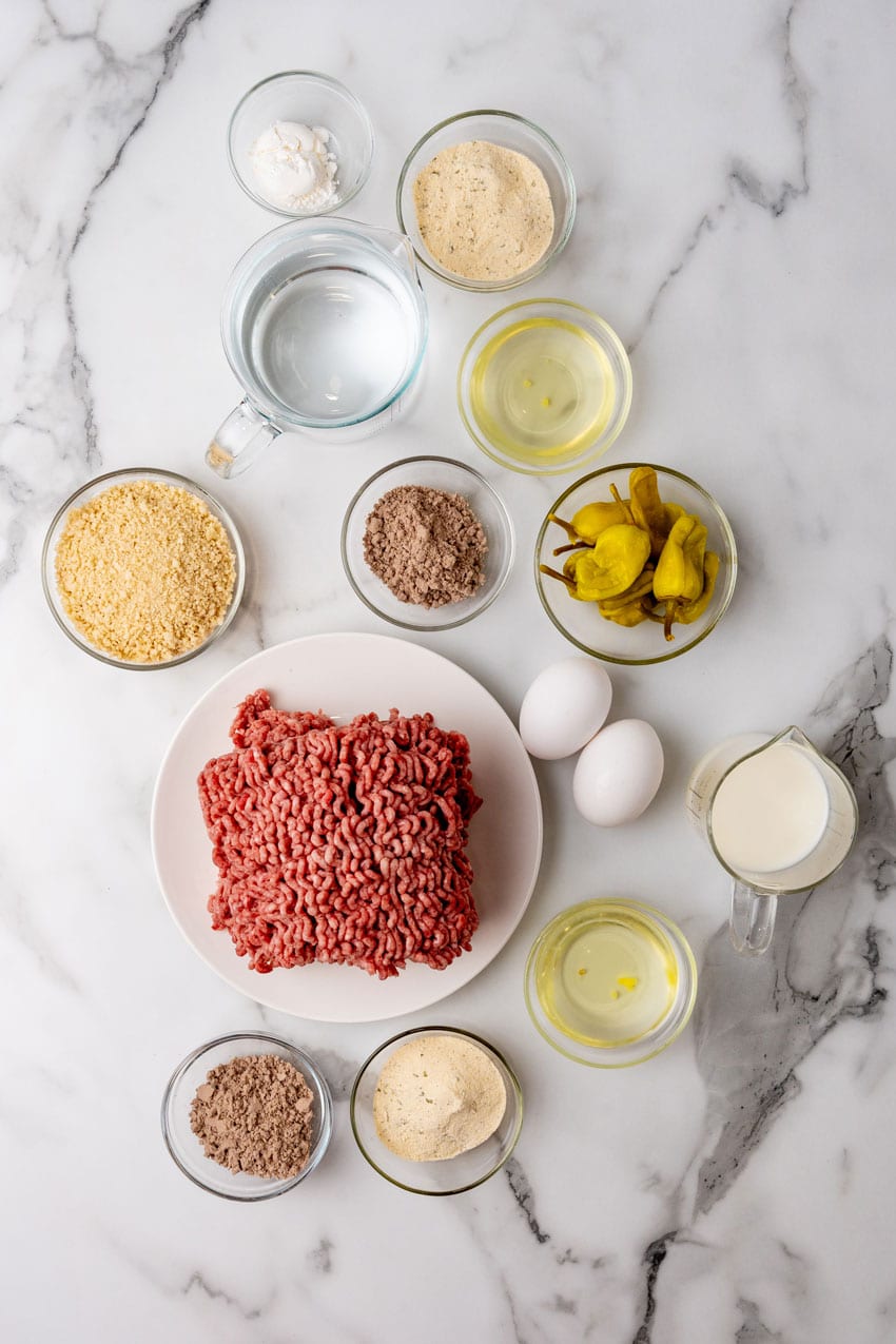 an overhead image showing the measured ingredients needed to make a mississippi meatloaf