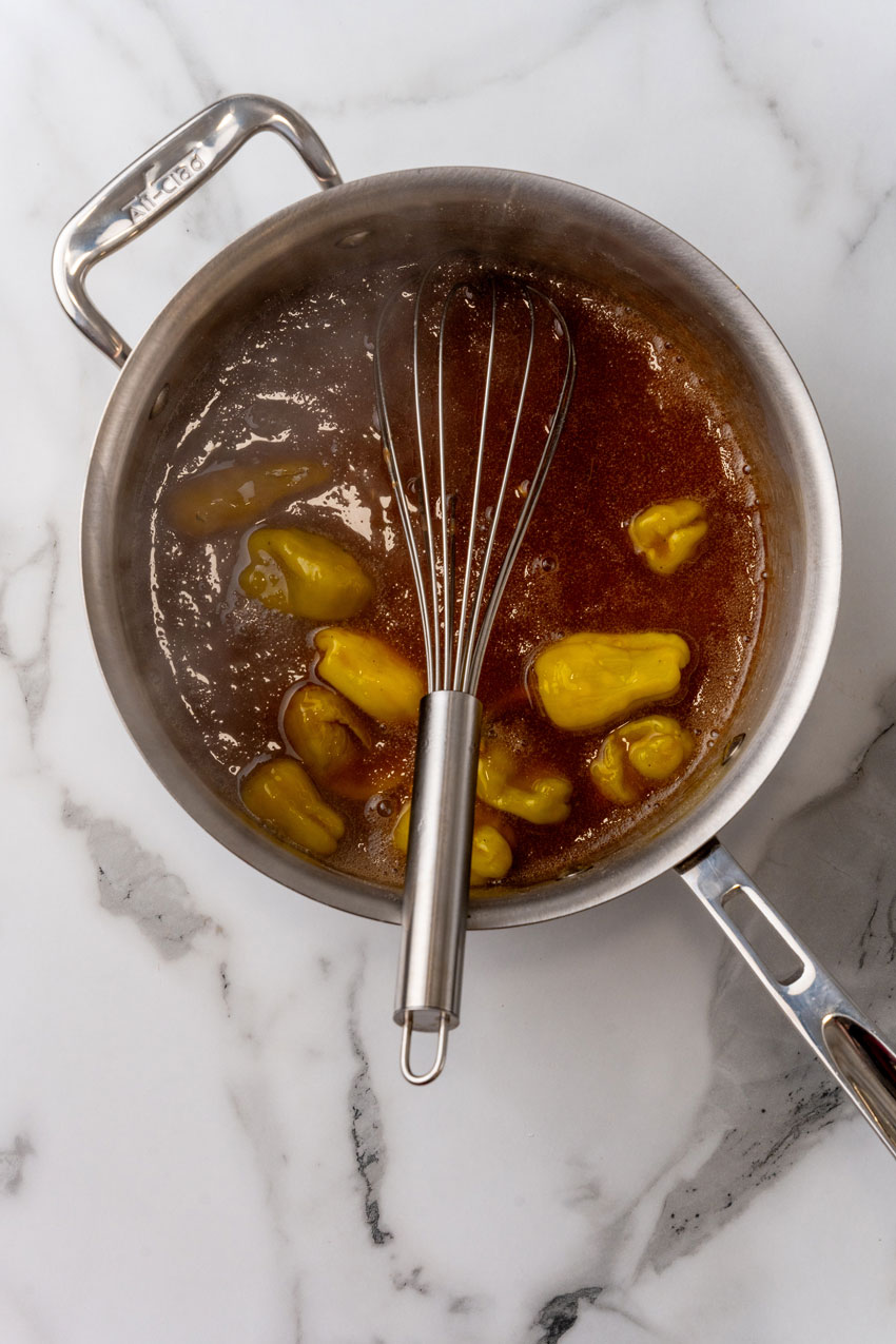 mississippi gravy with pepperoncini in a small pot