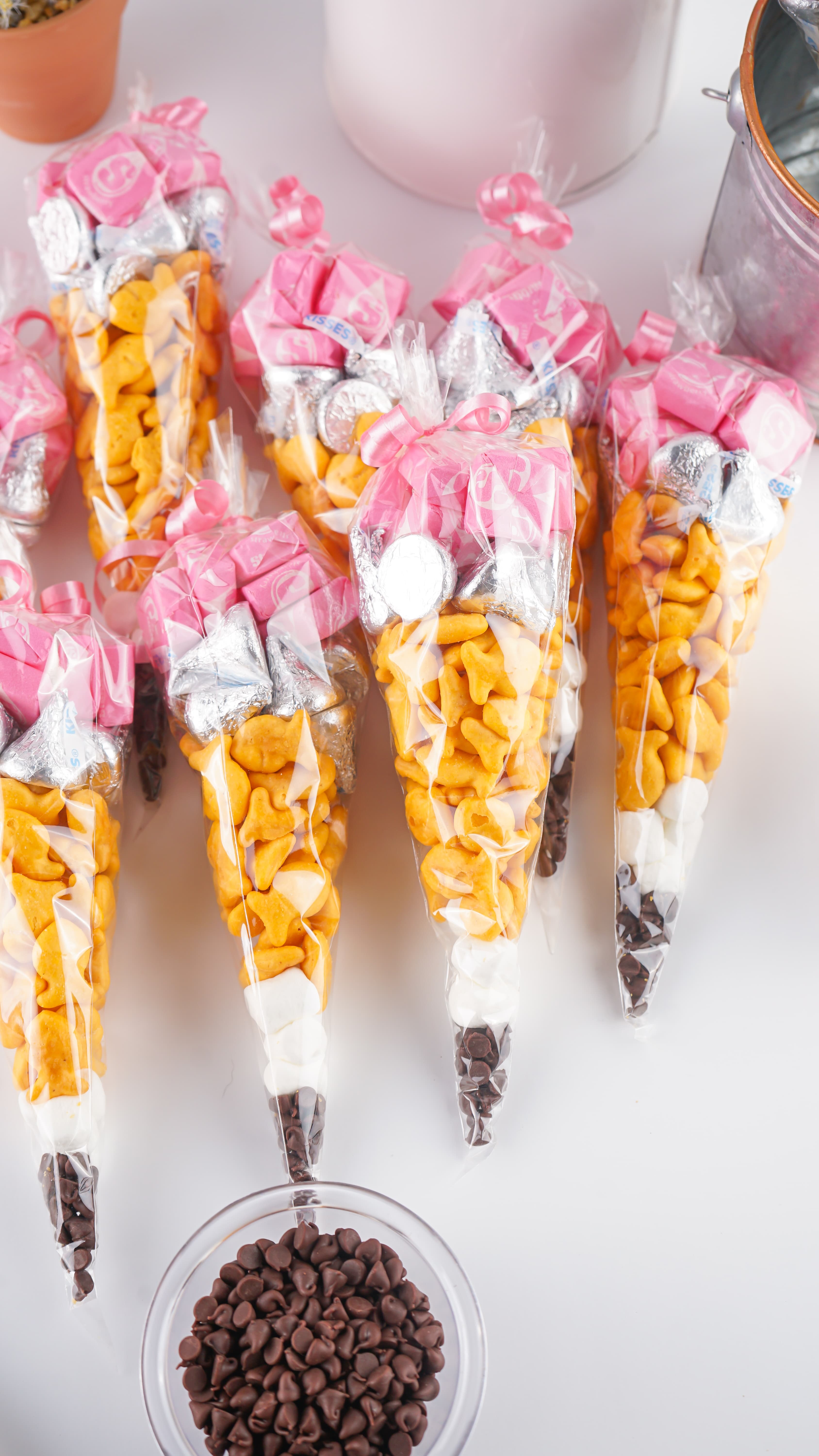 back to school pencil treat bags resting on a marble counter top