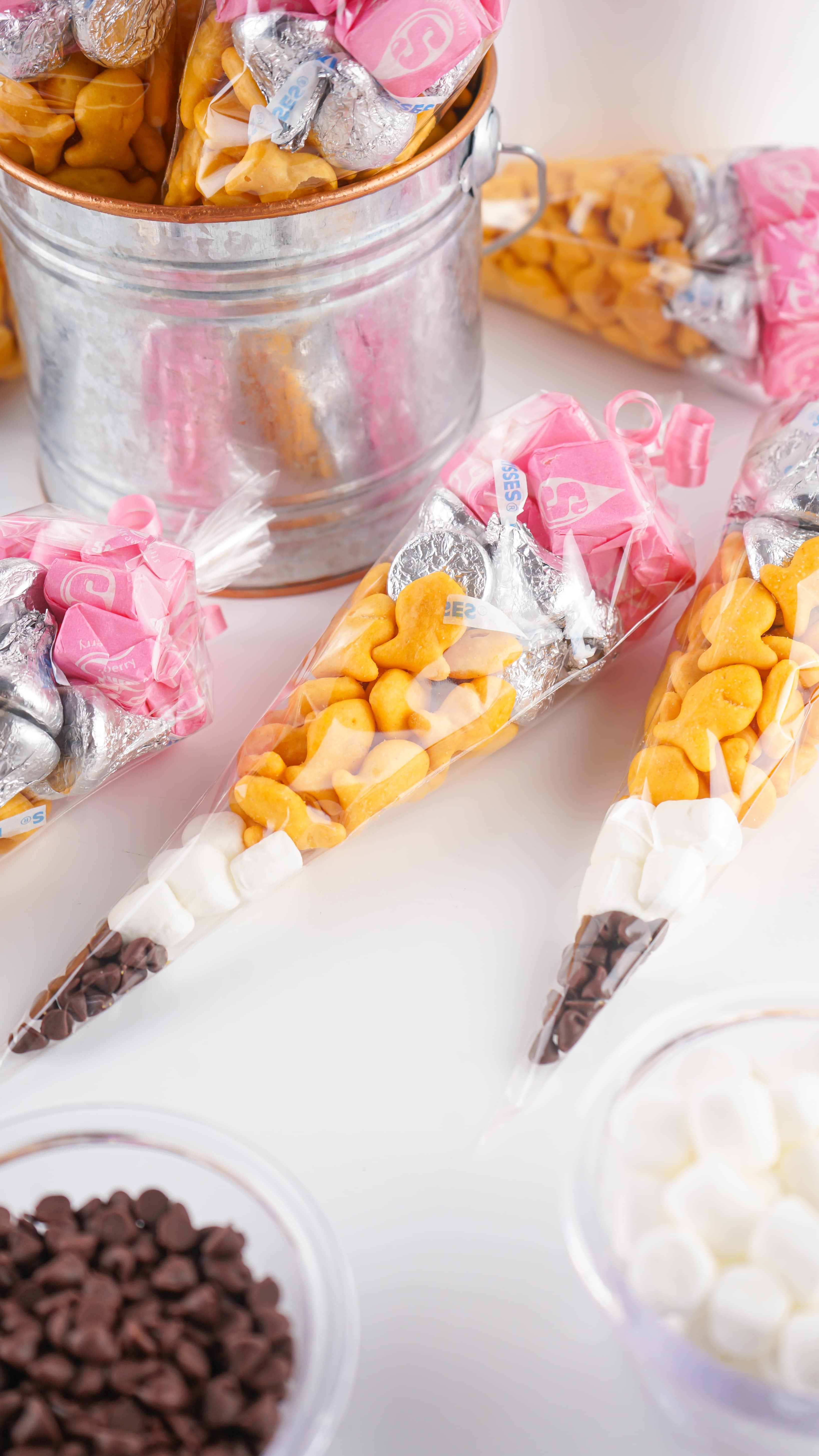 back to school pencil treat bags resting on a marble counter top