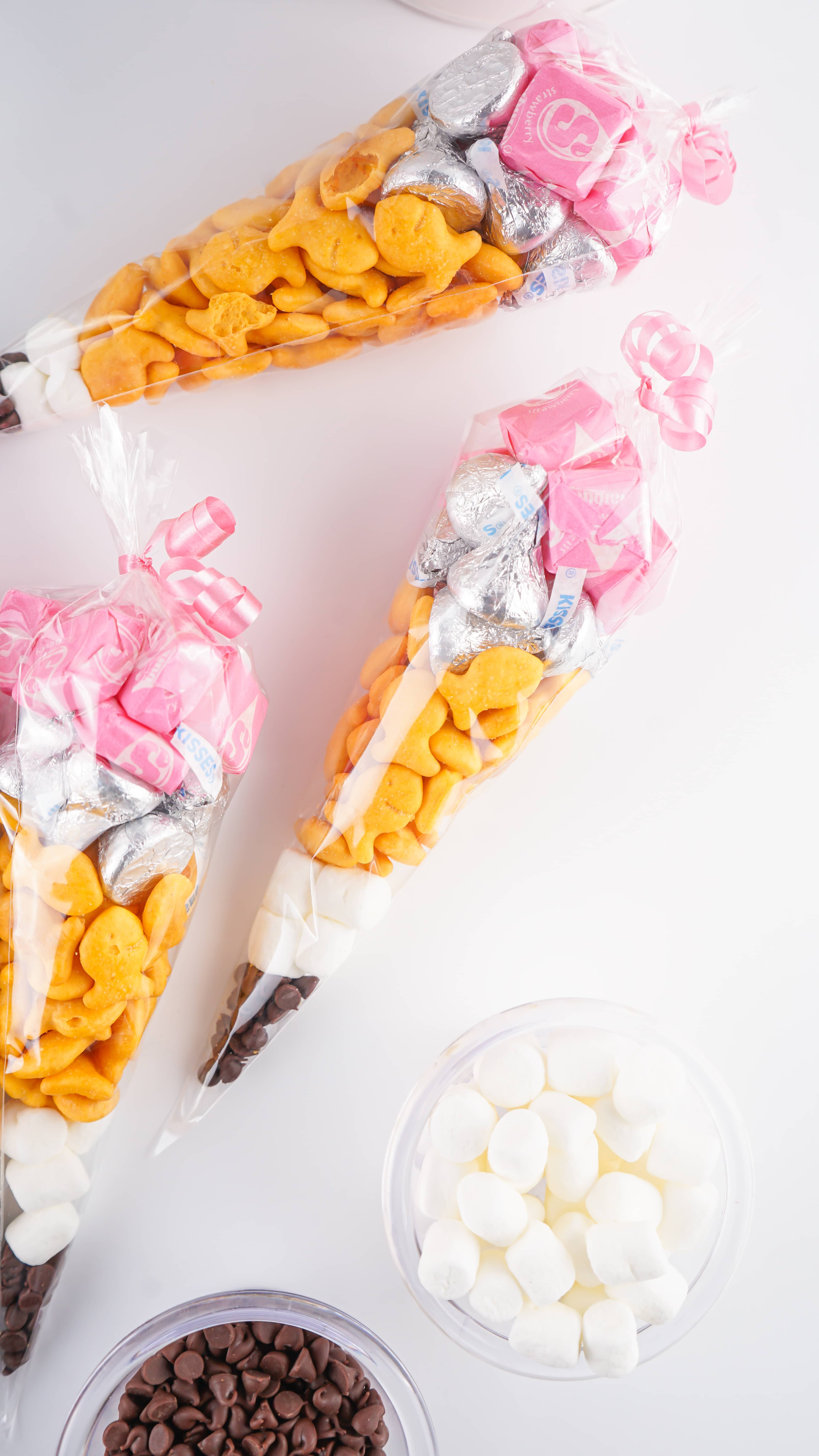 back to school pencil treat bags resting on a marble counter top