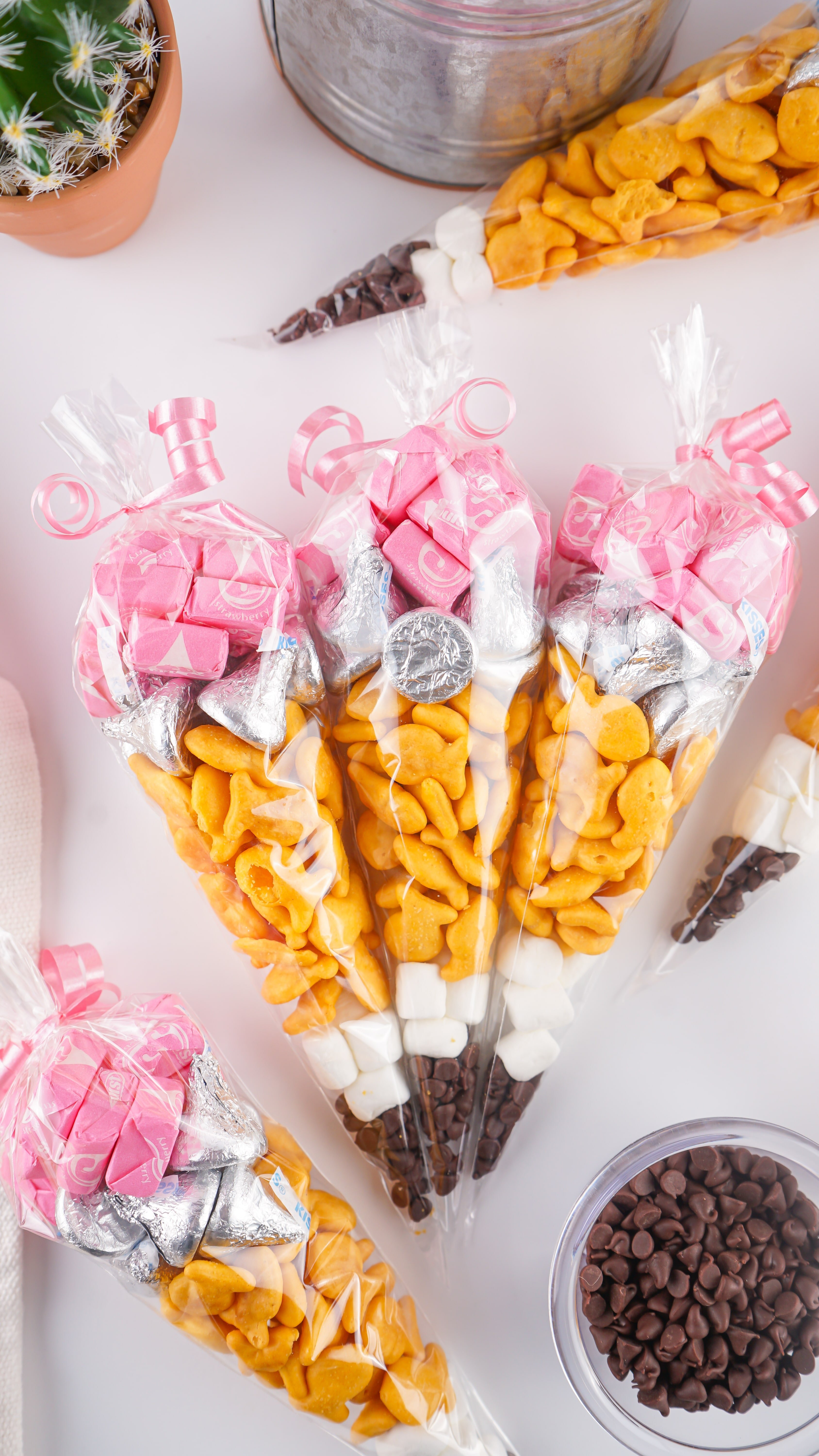 back to school pencil treat bags resting on a marble counter top